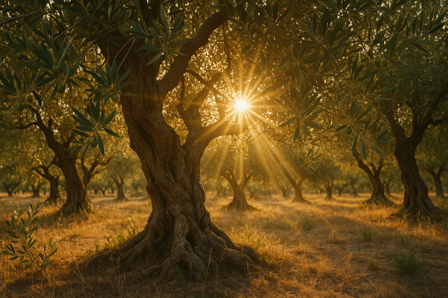 a field of olive trees in greece, close up to the trees, sun coming through